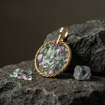 Amulet tensorowy z Fluorytem – Mosiądz pozłacany