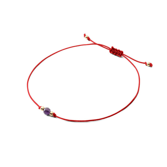 Bransoletka sznurkowa z kamieniem - Ametyst 4mm - Czerwona.
